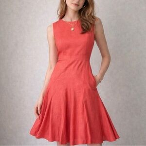 Hobbs Linen Red Salmon Sleeveless A-line Knee Length Dress S (4)